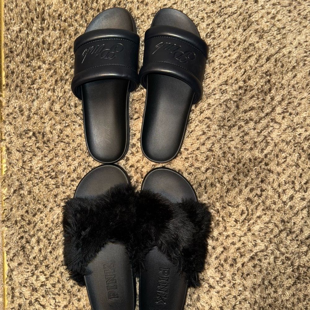 PINK Victoria's Secret Black Fur Slide Sandals